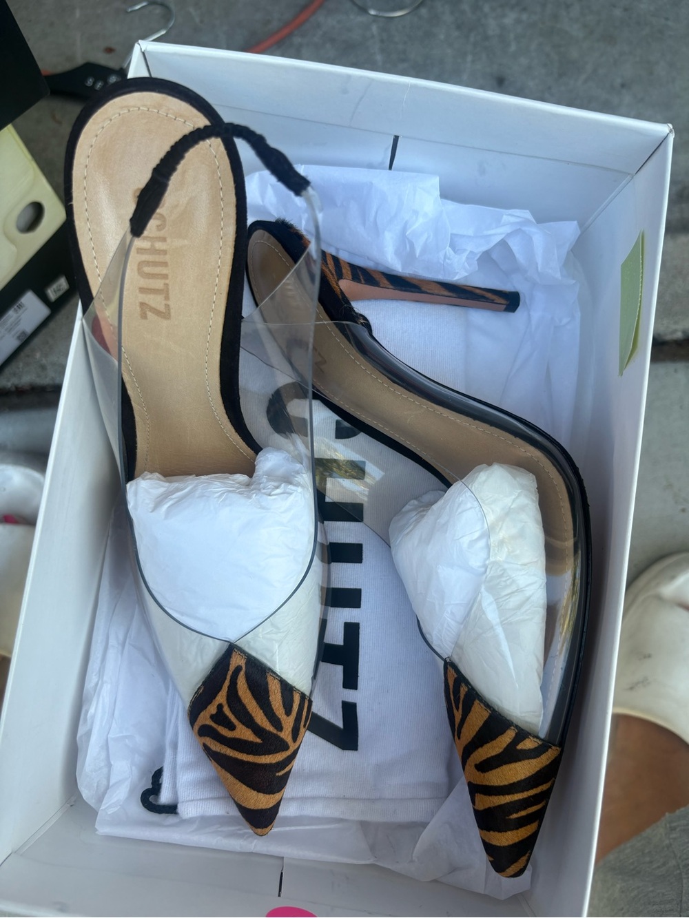 SCHUTZ Zebra-Print Black and Brown Pointed Toe Clear Panel Stiletto Heels - Picture 2 of 8